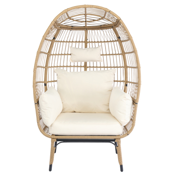 Wicker Egg Chair, Oversized Indoor Outdoor Lounger with Stand and Cushions for Patio Porch Backyard Living Room Balcony, Beige Rattan & Creamy White Cushion