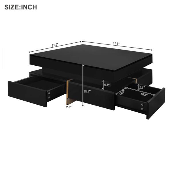 Modern High Gloss Coffee Table with 4 Drawers, Multi-Storage Square Cocktail Tea Table with Wood Grain Legs, Center Table for Living Room, 31.5''x31.5'', Black