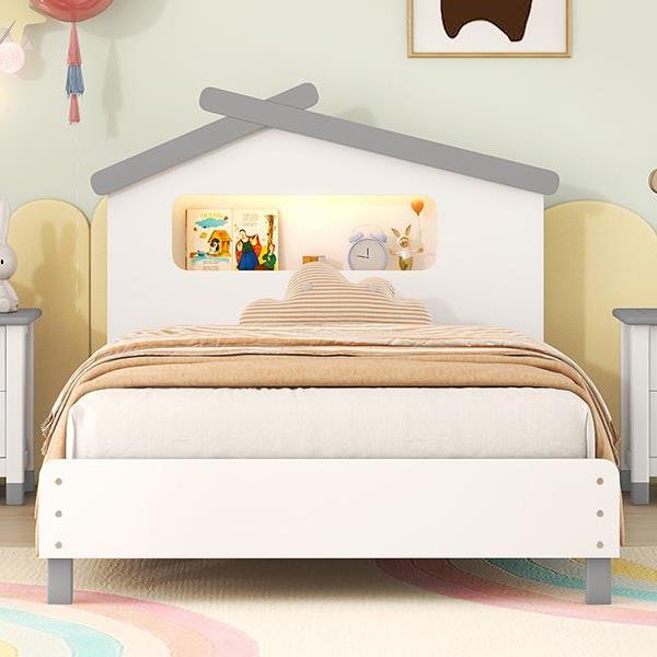 Twin Size Wood Platform Bed with House-shaped Headboard and Motion Activated Night Lights (White+Gray)