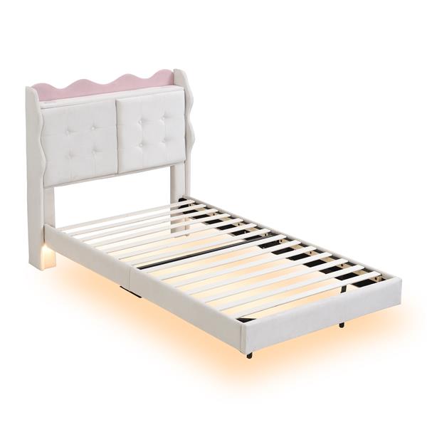 Twin Size Upholstery Platform Bed Frame with LED Light Strips,Headboard Storage Space and Two USB Charging Deisgn,Beige