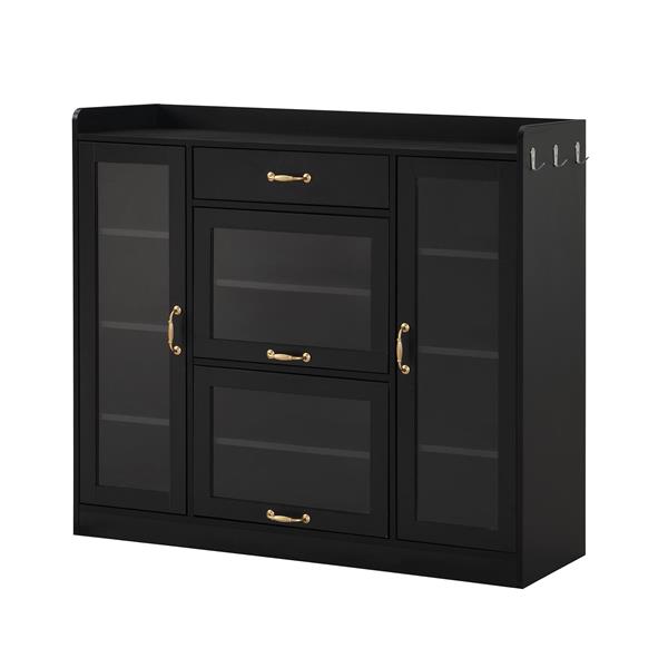 Modernist Side Cabinet with 4 Glass Doors & 3 Hooks, Freestanding Shoe Rack with Multiple Adjustable Shelves, Versatile Display Cabinet with Gold Handles for Hallway, Living Room, Black