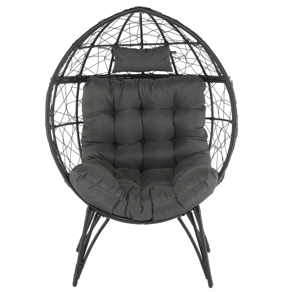 Wicker Egg Chair, Oversized Indoor Outdoor Lounger with Soft Cushions, Teardrop Cuddle Seat for Patio Porch Backyard Living Room Balcony, Black Rattan & Grey Cushion