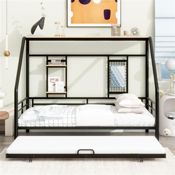 Full Size Metal House Bed with Trundle, Black