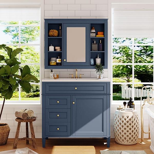 36'' Bathroom Vanity with  Medicine Cabinet, Royal Blue Mirror Cabinet, Modern Bathroom Storage Cabinet with 2 Soft Closing Doors and 4 Drawers, Single Sink Bathroom Vanity