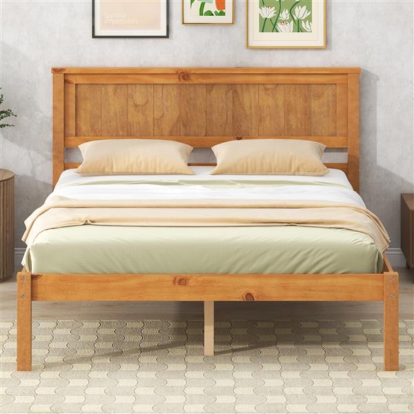 Platform Bed Frame with Headboard, Wood Slat Support, No Box Spring Needed, Full, Oak