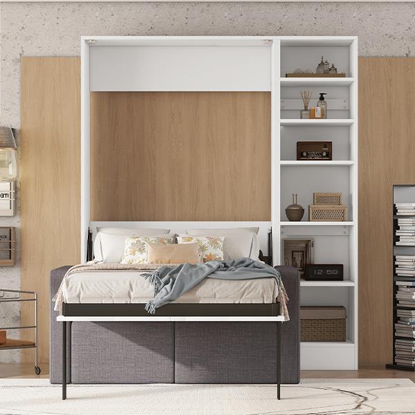 Twin Size Murphy Bed Wall Bed with Sofa,with Shelves,White