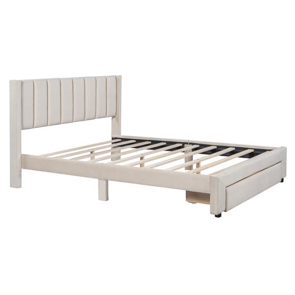 Full Size Storage Bed Velvet Upholstered Platform Bed with a Big Drawer - Beige