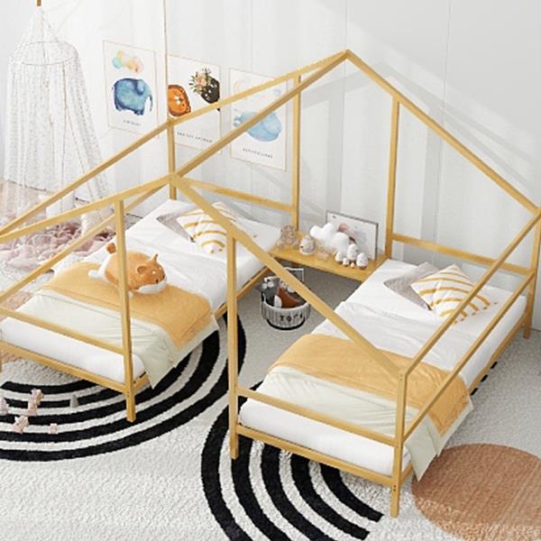 Metal Double Twin Size Triangular House Beds with Built-in Table, Gold