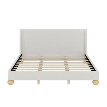 Modern Boucle Upholstered Platform Bed with Wingback Headboard and Round Wooden Legs, Beige,King Size