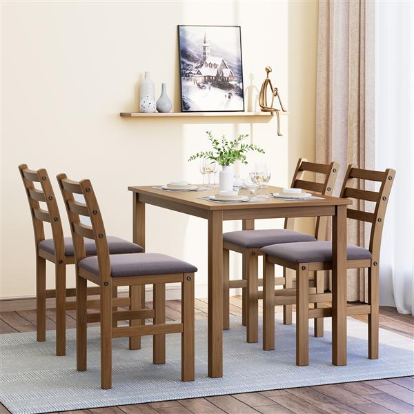 5PCS Stylish Dining Table Set 4 Upholstered Chairs with Ladder Back Design for Dining Room Kitchen Brown Cushion and Antique Oak