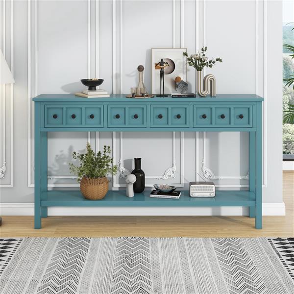 Rustic Entryway Console Table, 60" Long Sofa Table with two Different Size Drawers and Bottom Shelf for Storage (Turquoise Green)