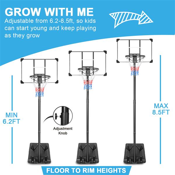 Portable Basketball Hoop & Goal Basketball Stand Height Adjustable 6.2-8.5ft with 35.4Inch Transparent Backboard & Wheels for Youth Teenagers Outdoor Indoor Basketball Goal Game Play