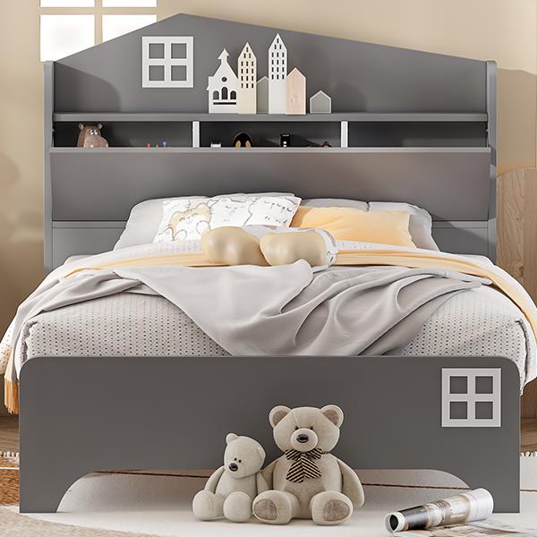 Wooden Twin Size House Bed with Storage Headboard ,Kids Bed with Storage Shelf,Grey