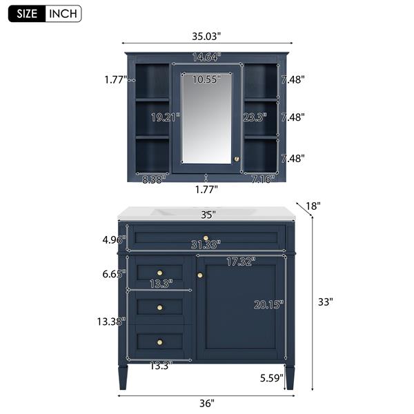 36'' Bathroom Vanity with  Medicine Cabinet, Royal Blue Mirror Cabinet, Modern Bathroom Storage Cabinet with 2 Soft Closing Doors and 4 Drawers, Single Sink Bathroom Vanity