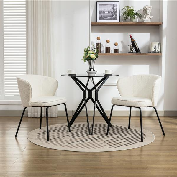 042-Set of 2 Boucle Fabric Dining Chairs With Black Metal Legs,Ivory