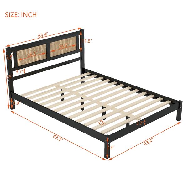 Queen Size Wooden Platform Bed with Natural Rattan Headboard, Exquisite Elegance with Minimalist Charm for Bedroom, Black