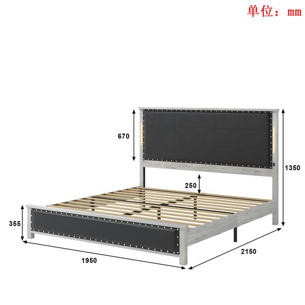 King Size Bed Frame with 2 Storage Drawers and LED Lights Headboard, Upholstered king Bed Frame with Charging Station, No Box Spring Needed, Easy Assembly