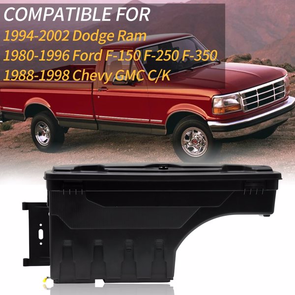 Left Driver Side Truck Bed Storage Box Fit for 1994-2002 Dodge Ram & 1980-1996 Ford F-Series & 1988-1998 Chevy GMC C/K, Key Lockable Lid Waterproof Truck Bed Toolboxes Black