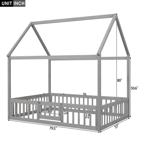 Full Size Wood House Bed with Fence and Door, Gray Wash