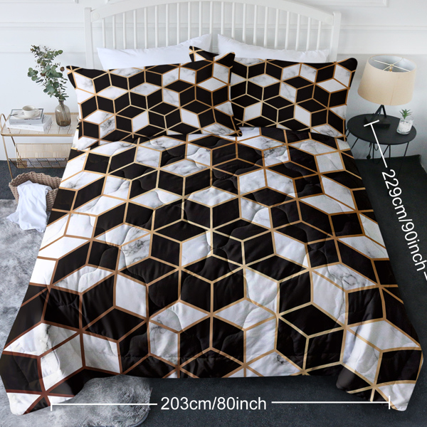 3PCS Comforter Geometric Cube Bedding Set Queen Size Black White Gold Reversible