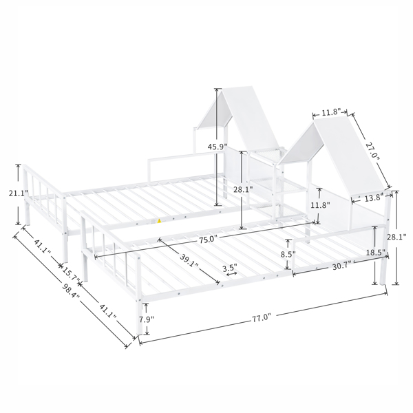 Metal Double Twin Size Platform Bed with House-shaped Headboard and a Built-in Nightstand, White