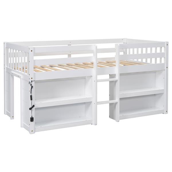 Twin Size Kid Low Loft Bed With Two-Tier Shelves And LED Light For White Color