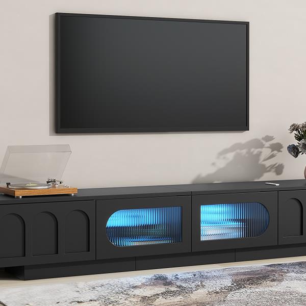 TV Stand with Fluted tempered Glass Doors for TVs Up to 95'', Functional Media Console with Arched Cabinet Doors, Entertainment Center with APP-Controlled LED Light for Living Room, Black