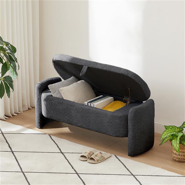 Ottoman Oval Storage Bench 3D Lamb Fleece Fabric  Bench with Large Storage Space for the Living Room, Entryway and Bedroom,Dark,Grey