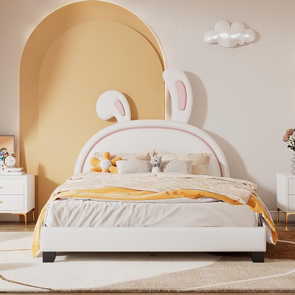 Full Size Upholstered Leather Platform Bed with Rabbit Ornament, White