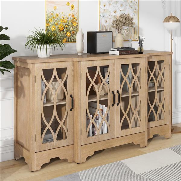 Retro Sideboard Glass Door with Curved Line Design Ample Storage Cabinet with Black Handle and Three Adjustable Shelves for Dining Room and Kitchen (Natural Wood)