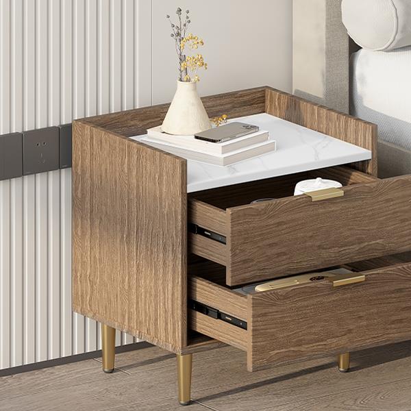 Wooden Nightstand with 2 Drawers and Marbling Worktop, Mordern Wood Bedside Table with Metal Legs&Handles, Walnut