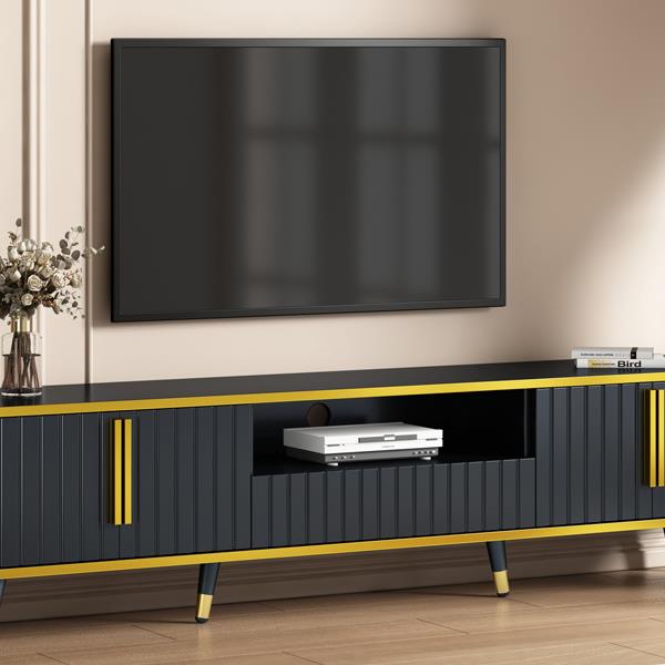 Luxury Minimalism TV Stand with Open Storage Shelf for TVs Up to 85", Entertainment Center with Cabinets and Drawers, Practical Media Console with Unique Legs for Living Room, Black