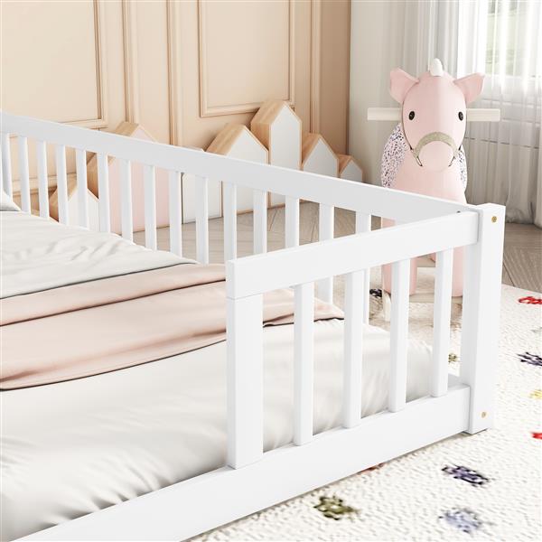 Double Twin Floor Bed with Fence, Guardrails, without door, White