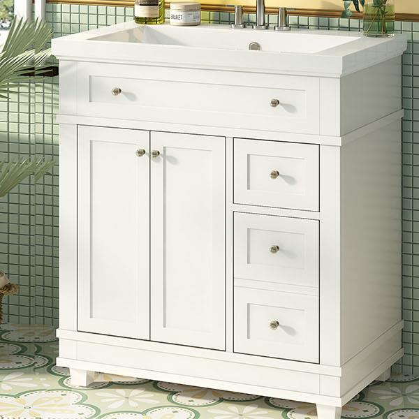 30" Bathroom Vanity Cabinet with Sink Combo Set, Undermount Resin Sink, Free Standing Vanity Set with 2 Drawers& Soft Closing Doors, Solid Wood Frame Bathroom Cabinet, White