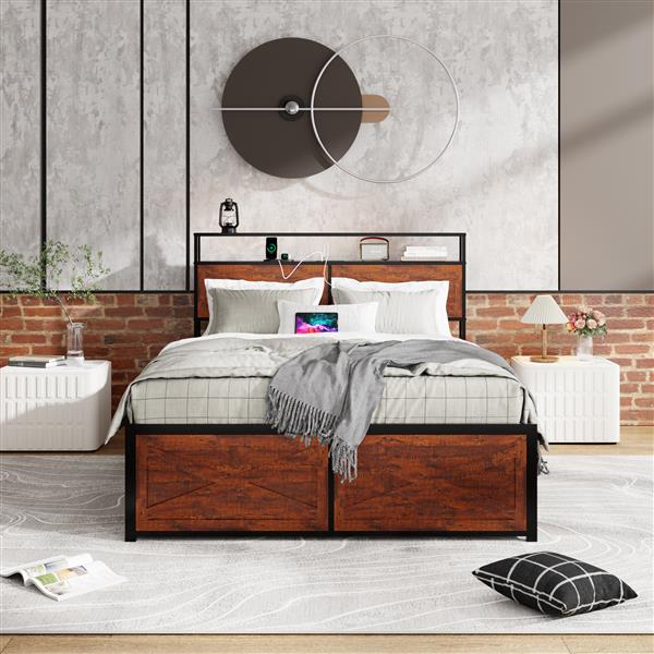 Queen Bed Frame with Storage Headboard and 12 Drawers LED Lights, Metal Platform Non-Slip Without Noise Mattress Foundation Strong Metal Slats Support,No Box Spring Needed