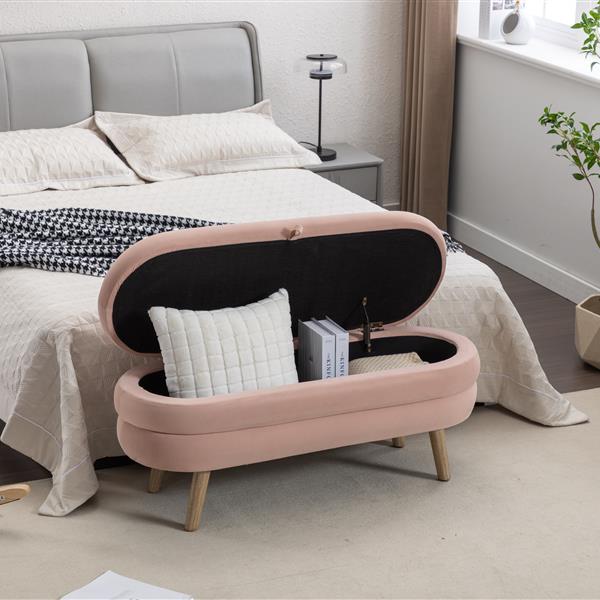 036-Velvet Fabric Storage Bench Bedroom Bench With Wood Legs For Living Room Bedroom Indoor,Light Pink