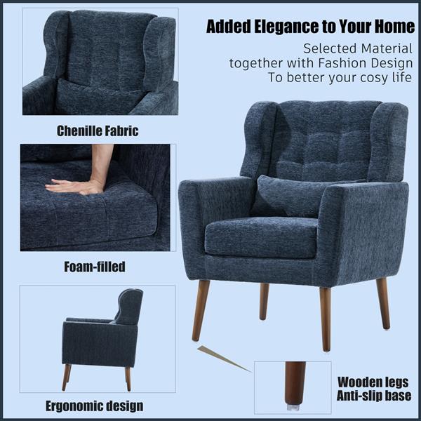 Modern Chair,Chenille Arm Chairs for Living Room,Upholstered Mordern Armchair,Comfy Soft Padded Lounge Chair in Small Space, Bedroom, w/Pillow, Solid Wood Leg (Dark Blue)