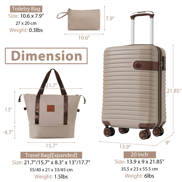 Luggage Sets 3 Piece Carry on Luggage 22x14x9 Airline Approved, Lightweight Hardshell ABS Suitcases with Wheels, 20 inch, Khaki 