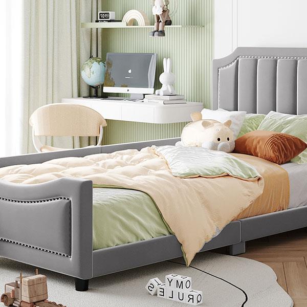 Twin Size Upholstered Daybed with Classic Stripe Shaped  Headboard, Gray