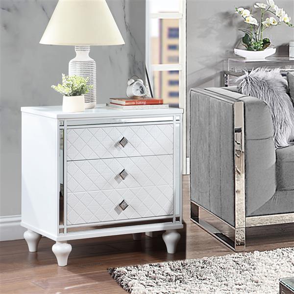 Contemporary Nightstands with mirror frame accents, Bedside Table with two drawers and one hidden drawer, End Table with Crystal Pull for Living Room,Bedroom, White