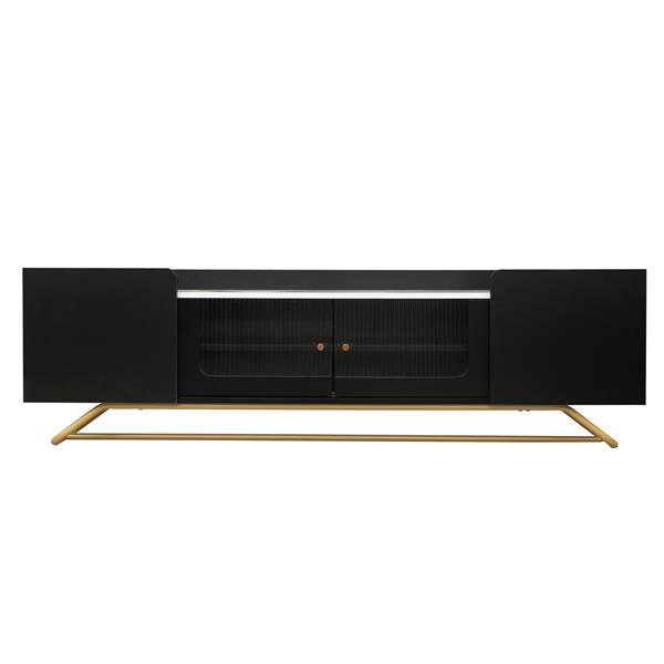 Sleek Design TV Stand with Fluted Glass, Contemporary Entertainment Center for TVs Up to 70", Faux Marble Top TV Console Table with Gold Frame Base, Black