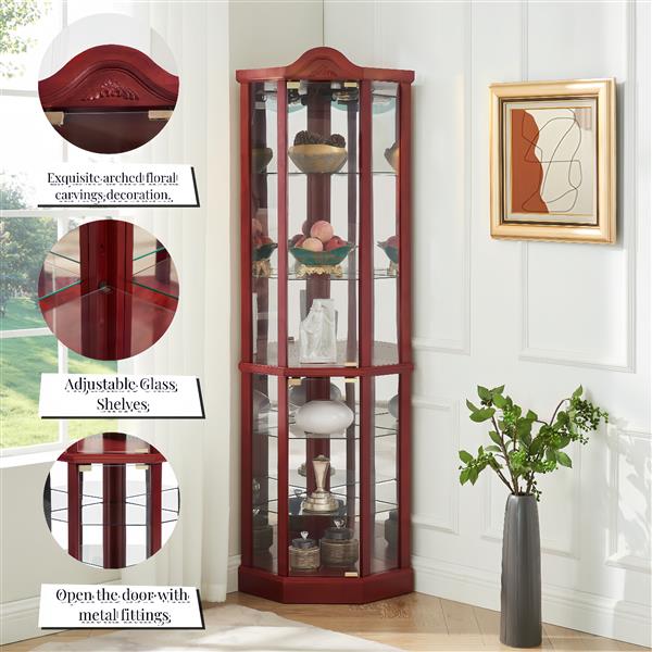 Glass Cabinet Lighted Corner Cabinet Corner Display Curio Cabinet, Glass Display With Light(Included)Bar Cabinet,Wine Cabinet with Adjustable Glass Shelves Carved Decoration Cherry Light(Included)