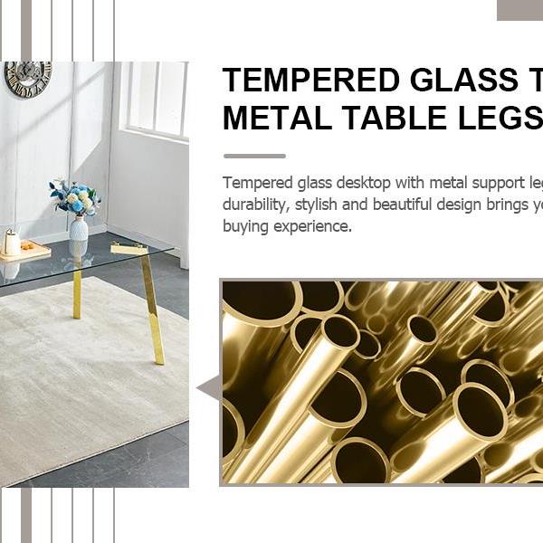 Modern minimalist style rectangular glass dining table with tempered glass tabletop and golden metal legs, suitable for kitchen, dining room, and living room, 63 inches * 35.4 inches * 30 inches