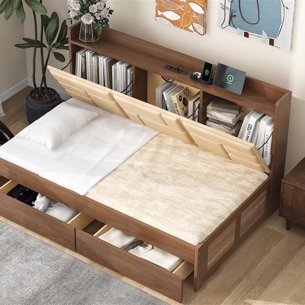 Twin Size Wood Daybed with Upholstered Storage Shelves, USB Ports and 2 Drawers, Wood Color