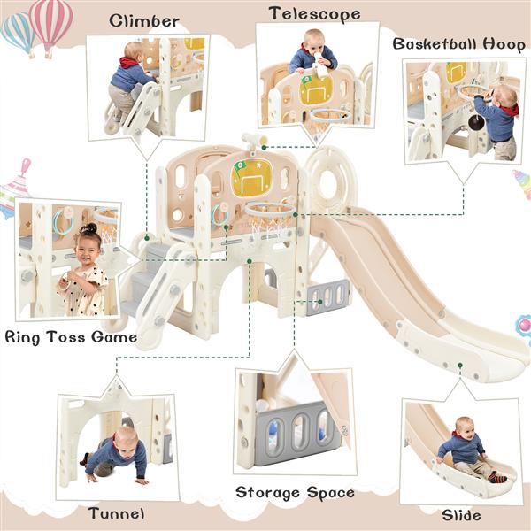 Kids Slide Playset Structure,  Castle Climbing Crawling Playhouse with Slide, Arch Tunnel, Ring Toss, and Basketball Hoop, Toy Storage Organizer for Toddlers, Kids Climbers Playground