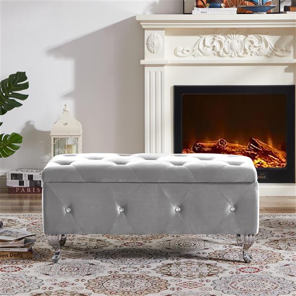 Storage Ottoman Bench, Bedroom End Bench,Velvet Upholstered Storage Bench with Button,Storage Ottoman with Safety Hinge,Flip top,metal leg with footpad,Perfect for Living Room,Entryway,Bedroom,Grey