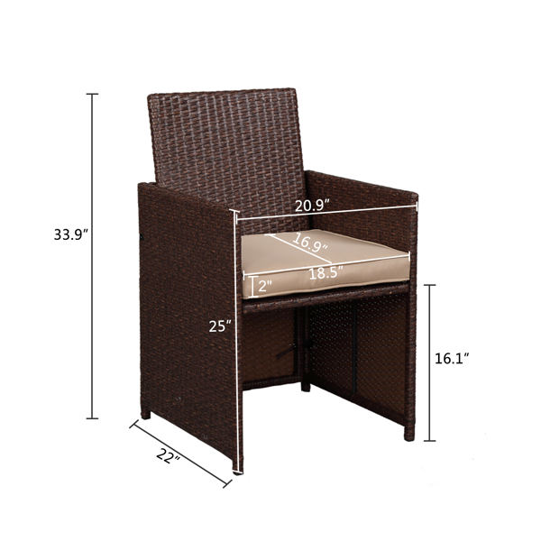 9 Pieces Wood Grain PE Wicker Rattan Dining Ottoman with Tempered Glass Table Patio Furniture Set