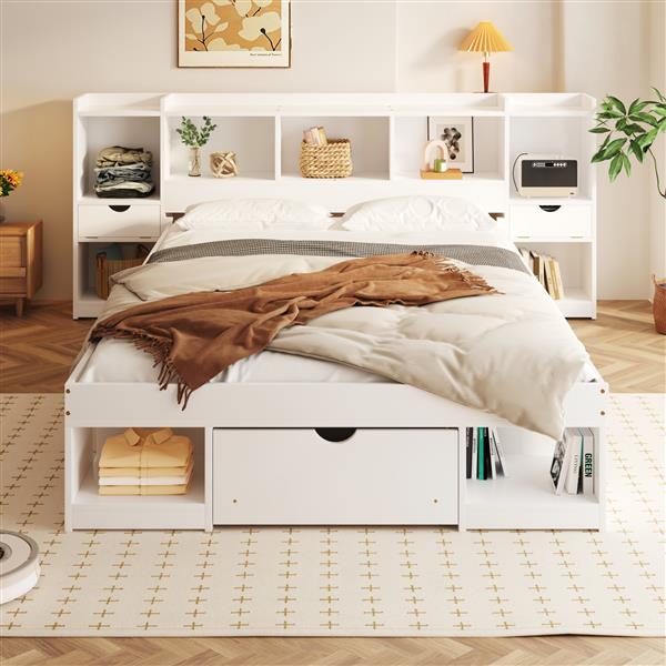 Queen Size Wood Platform Bed with Multi-storage Headboard and a Drawer, White(Expected Arrival Time: 6.16)