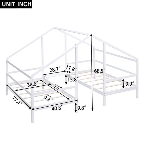 Double Twin Size Triangular House Beds with Built-in Table,White