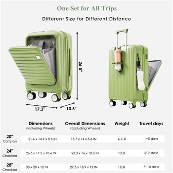 Luggage Set of 3, 20, 24, 28inch with USB Port, 20, 24inch with front opening design Airline Certified Carry on Luggage with Cup Holder, ABS Hard Shell Luggage with Spinner Wheels, light green